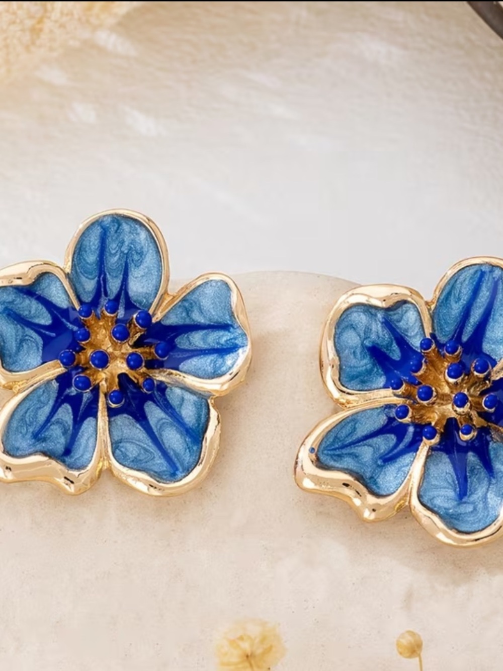 Blue Enamel Flower Stud Earrings - Women's Jewelry - Picture 2 of 2